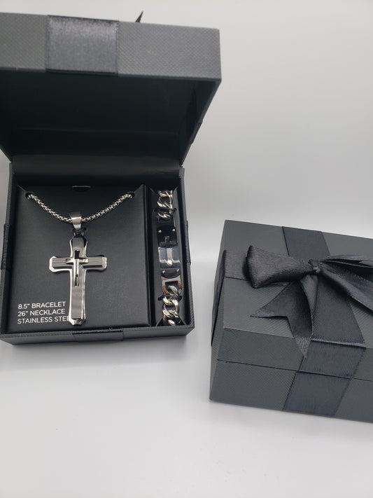 2-pc Stainless Steel Cross Necklace and ID bracelet Men's Jewelry Set