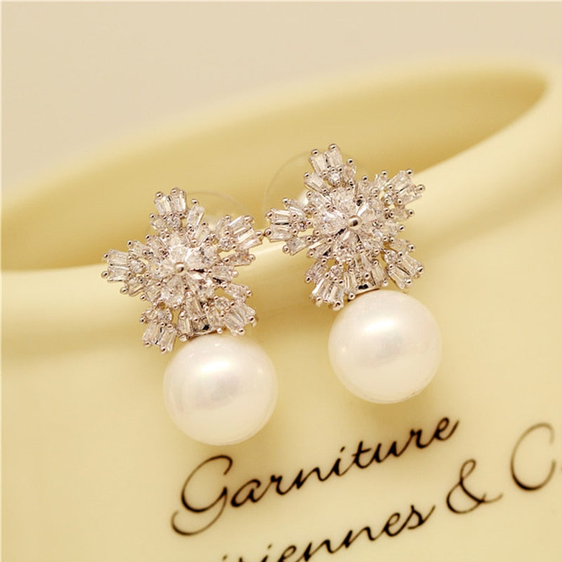 Pearl Snowflake Crystal Earrings / Necklace
