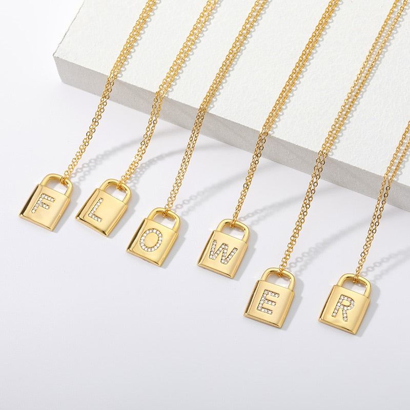 Fashion A-Z initials Letter Padlock Necklaces for Women Friends Stainless Steel Gold Color Lock